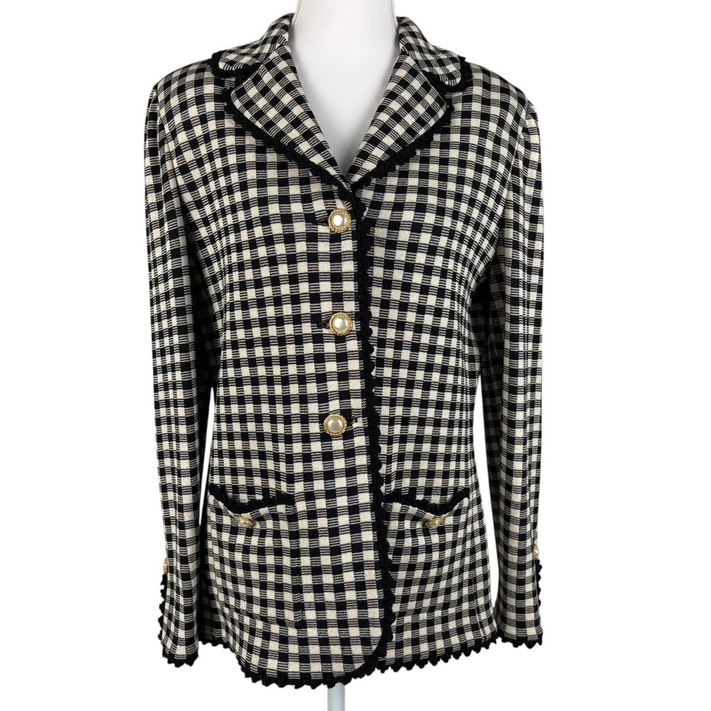 St.‎ John Gingham Knit Blazer Womens 6 Black White Pearl Gold Button Retro